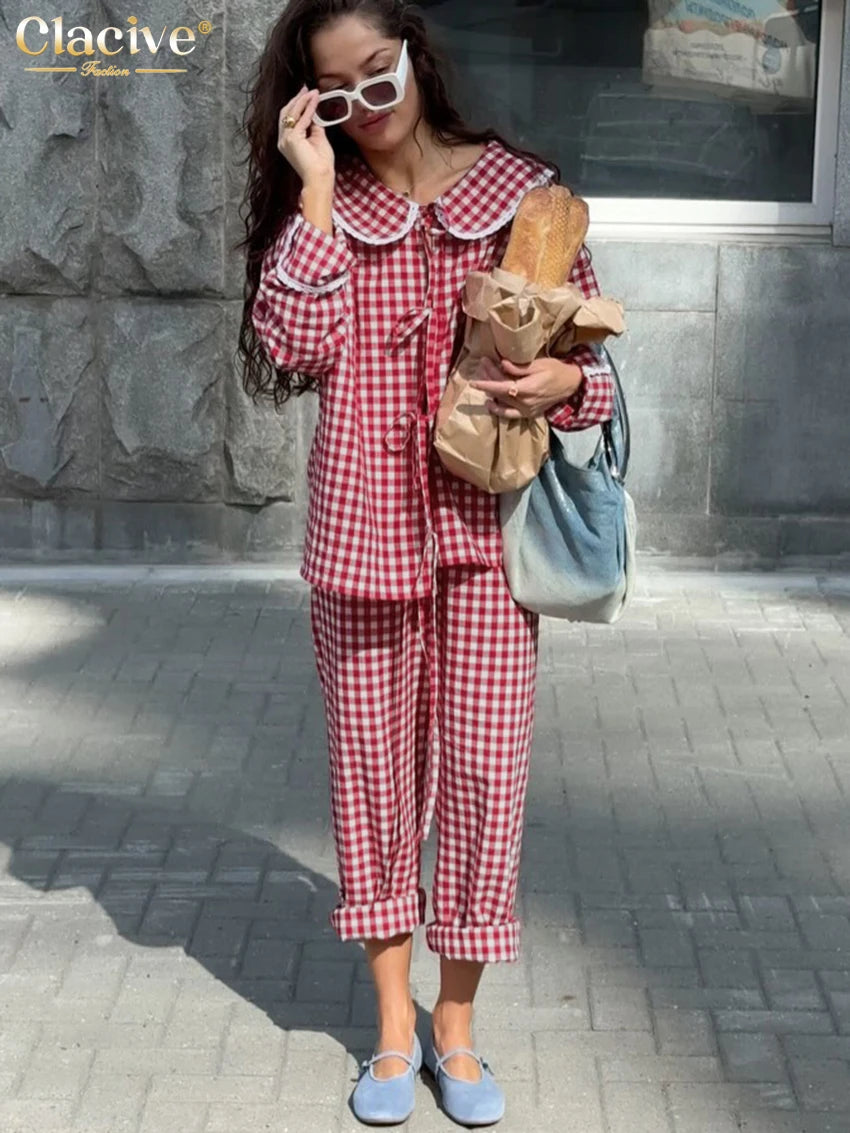 Clacive Fashion Loose Red Plaid Trousers Sets For Women 2 Pieces 2024 Elegant Long Sleeve Shirt With High Waist Pants Set Female