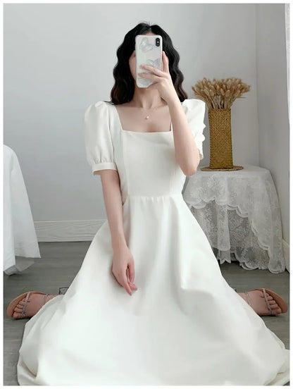 Slim Fit Women White Dress Bubble Sleeve Square Neck Light Wind Style Long Skirt Summer Casual Korean Style