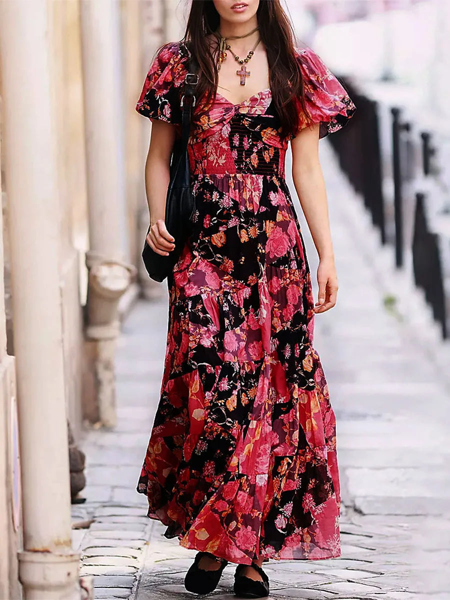 Women's Flower Print Boho Long Dress Puff Short Sleeve Sweetheart Neck Tunic Waist A-Line Flowy Dresses for Beach Vacation Party