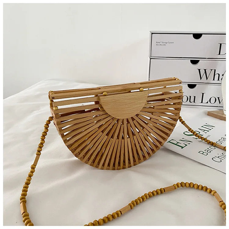 Fashion Half Moon Wooden Shoulder Crossbody Bags for Women Bamboo Woven Summer Beach Straw Bag Rattan Small Phone Purse Mini Sac