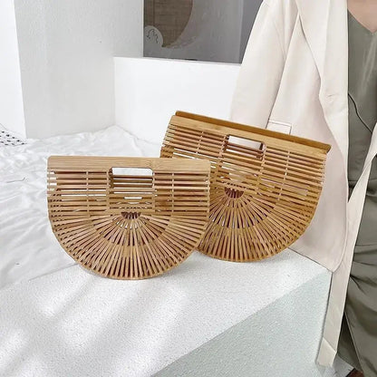 Women's Handmade Bamboo Basket Half-round Outdoor Beach Travel Handbag Fashion Designer Top-Handle Bags Retro Braided Bamboo Bag