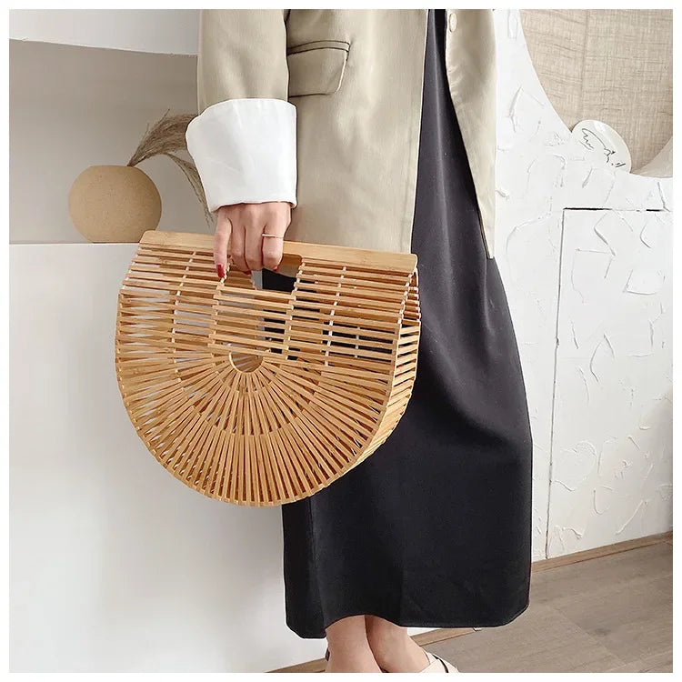 Women's Handmade Bamboo Basket Half-round Outdoor Beach Travel Handbag Fashion Designer Top-Handle Bags Retro Braided Bamboo Bag