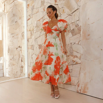 Printed Dress Women Summer Off Shoulder Backless Boho Beach Long Dresses Ladies Casual Party Holiday Maxi Dress A-Line Vestidos