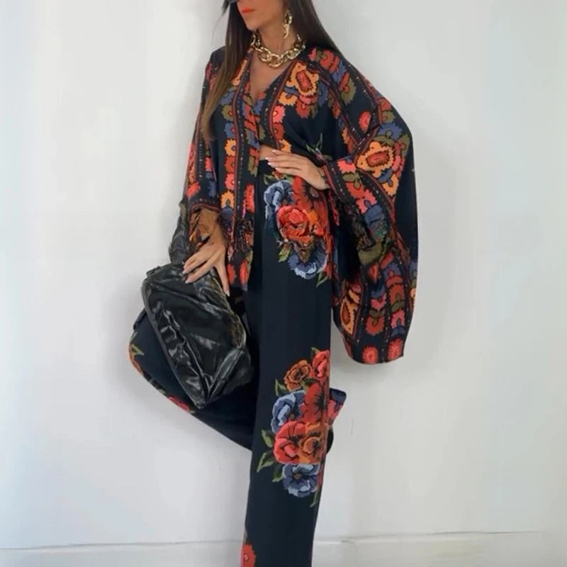 2024Ethnic Vintage Fashion Loose Printed Shirts Pants Sets Elegant Women Batwing Long Sleeve Single Breasted Shirt Wide Leg Pant