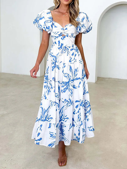 V-Neck Short Puff Sleeve Fashion Party Dress, Women Summer Printing Patchwork Loungewear Dress, Hollow Out Elegant Ladies Dress