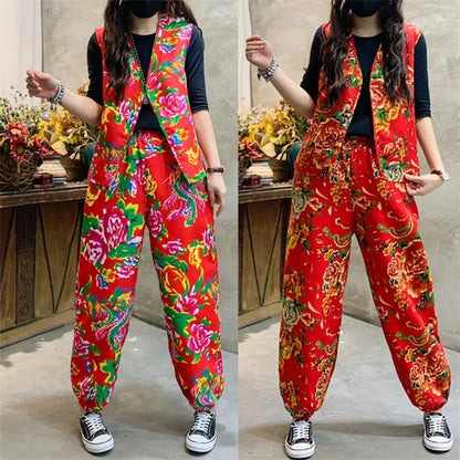 Mom's Set Trendy Ethnic Style Northeast Big Flower Clothing Peony Printed Fashion 2 Piece Large Size Vest And Pants Outfit Z4812