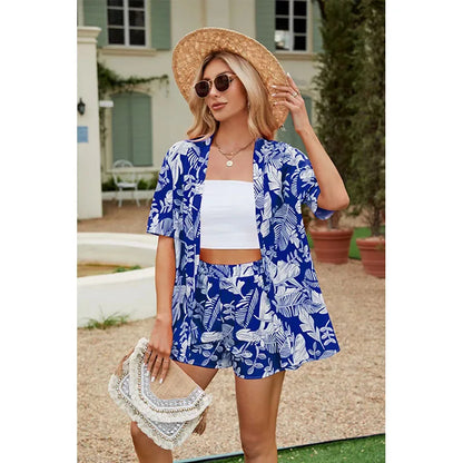 2024 Summer Casual Shirt Two Piece Set For Women Shorts 2 Piece Sets Outfit Print  Short Sleeve Short Sets Outfits Home Sets