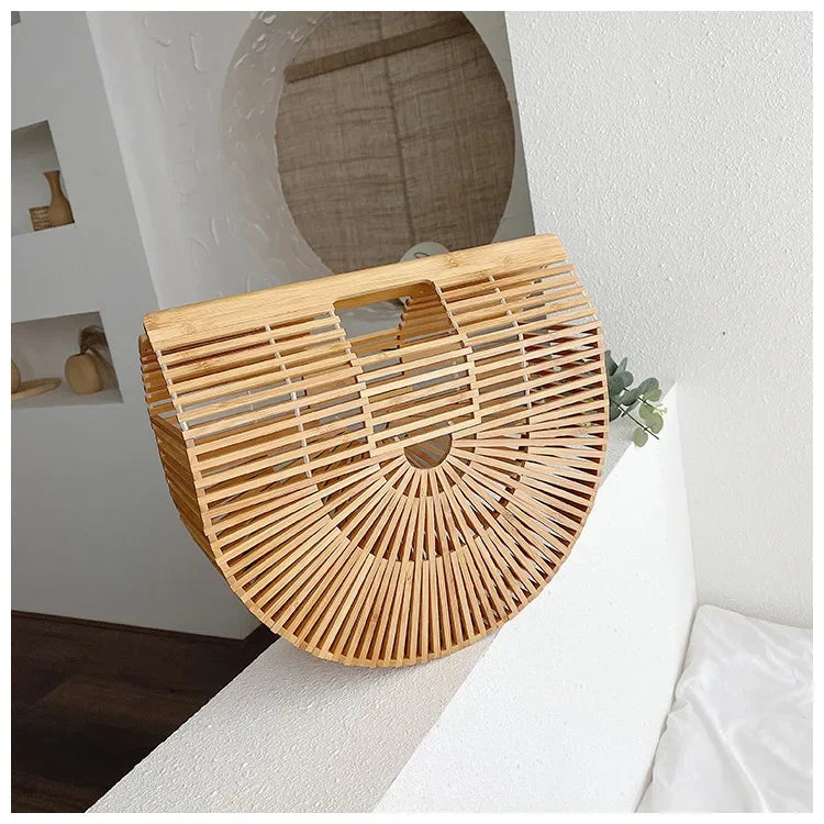 Women's Handmade Bamboo Basket Half-round Outdoor Beach Travel Handbag Fashion Designer Top-Handle Bags Retro Braided Bamboo Bag