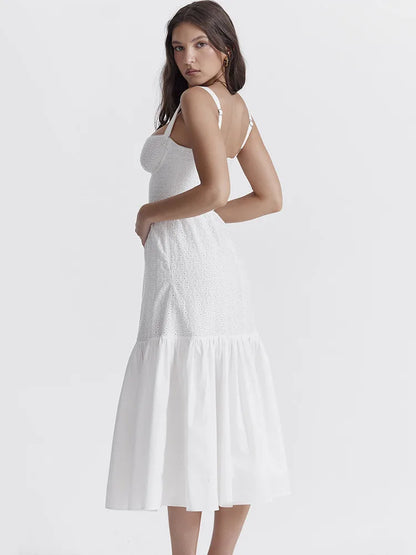 Mozision Elegant White Spaghetti Strap Midi Dress For Women Fashion Strapless Sleeveless Backless A-line Club Party Dress