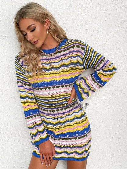 Rainbow Stripes Knitted Dresses Women Fashion Temperament Hollow Out Long Sleeve Pullover Sweater Dress Female Autumn Winter New