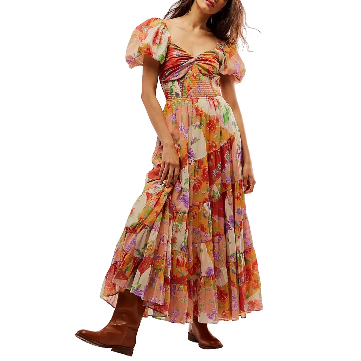 Women's Flower Print Boho Long Dress Puff Short Sleeve Sweetheart Neck Tunic Waist A-Line Flowy Dresses for Beach Vacation Party