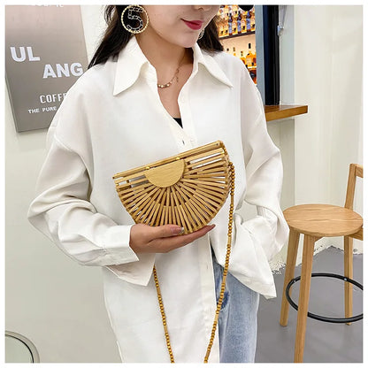 Fashion Half Moon Wooden Shoulder Crossbody Bags for Women Bamboo Woven Summer Beach Straw Bag Rattan Small Phone Purse Mini Sac