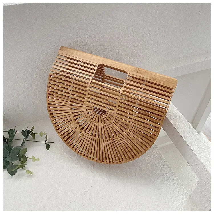 Women's Handmade Bamboo Basket Half-round Outdoor Beach Travel Handbag Fashion Designer Top-Handle Bags Retro Braided Bamboo Bag