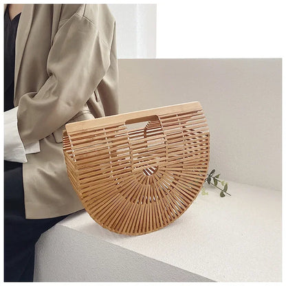 Women's Handmade Bamboo Basket Half-round Outdoor Beach Travel Handbag Fashion Designer Top-Handle Bags Retro Braided Bamboo Bag