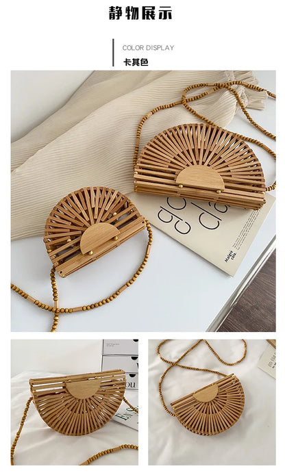 Fashion Half Moon Wooden Shoulder Crossbody Bags for Women Bamboo Woven Summer Beach Straw Bag Rattan Small Phone Purse Mini Sac