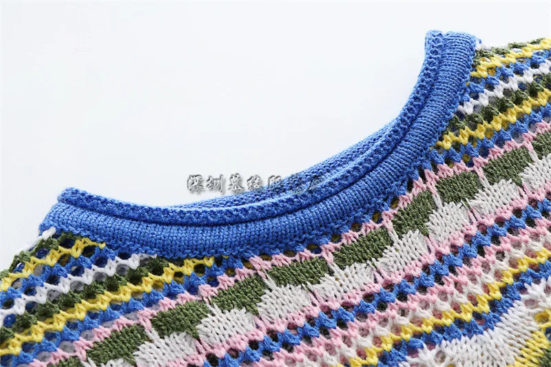 Rainbow Stripes Knitted Dresses Women Fashion Temperament Hollow Out Long Sleeve Pullover Sweater Dress Female Autumn Winter New