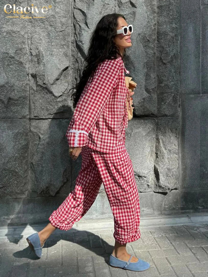 Clacive Fashion Loose Red Plaid Trousers Sets For Women 2 Pieces 2024 Elegant Long Sleeve Shirt With High Waist Pants Set Female