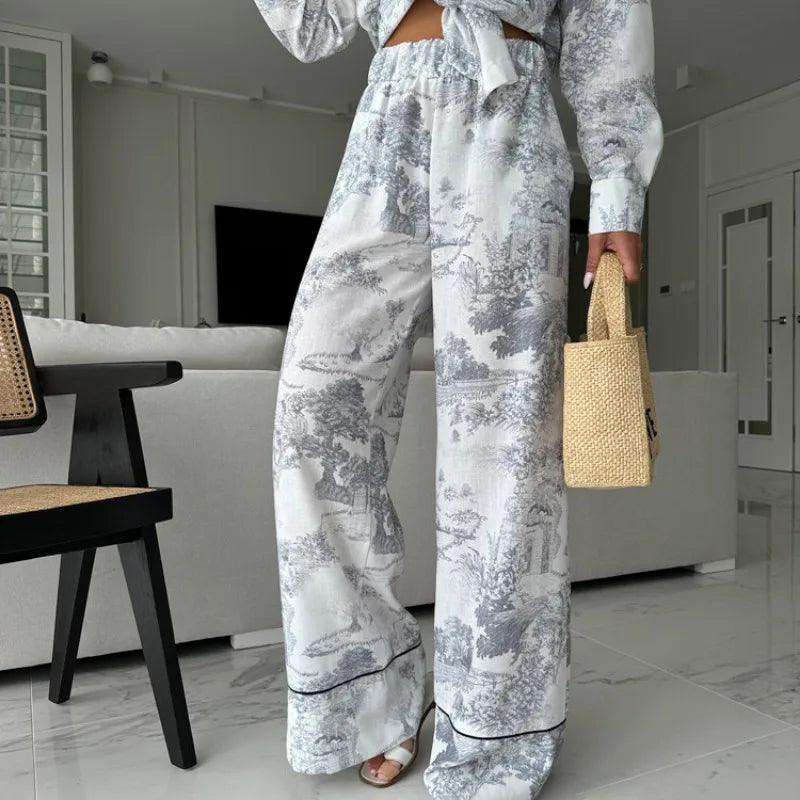 Elegant Women Ink Print Two Piece Pants Set Chic Y2K Tracksuit 2024 Sport Streetwear Outfits Loose Shirt Top Wide Leg Pants Suit