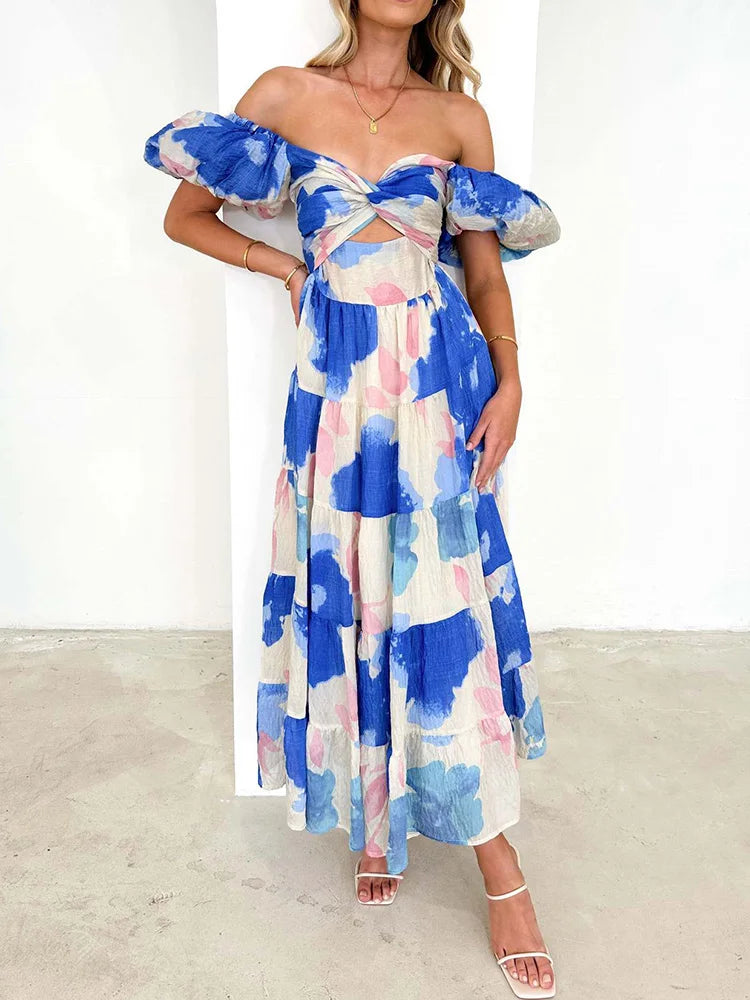 New Hollow Out Puff Sleeve Fashion Maxi Dress, Women Summer Patchwork Print Party Dress, V-Neck Beach Style Ruffles Ladies Dress