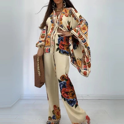 2024Ethnic Vintage Fashion Loose Printed Shirts Pants Sets Elegant Women Batwing Long Sleeve Single Breasted Shirt Wide Leg Pant