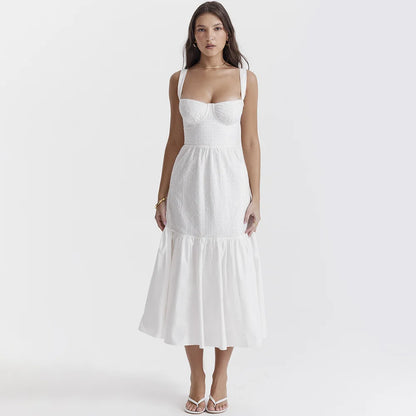 Mozision Elegant White Spaghetti Strap Midi Dress For Women Fashion Strapless Sleeveless Backless A-line Club Party Dress