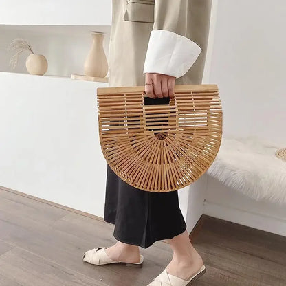 Women's Handmade Bamboo Basket Half-round Outdoor Beach Travel Handbag Fashion Designer Top-Handle Bags Retro Braided Bamboo Bag