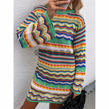 Rainbow Stripes Knitted Dresses Women Fashion Temperament Hollow Out Long Sleeve Pullover Sweater Dress Female Autumn Winter New