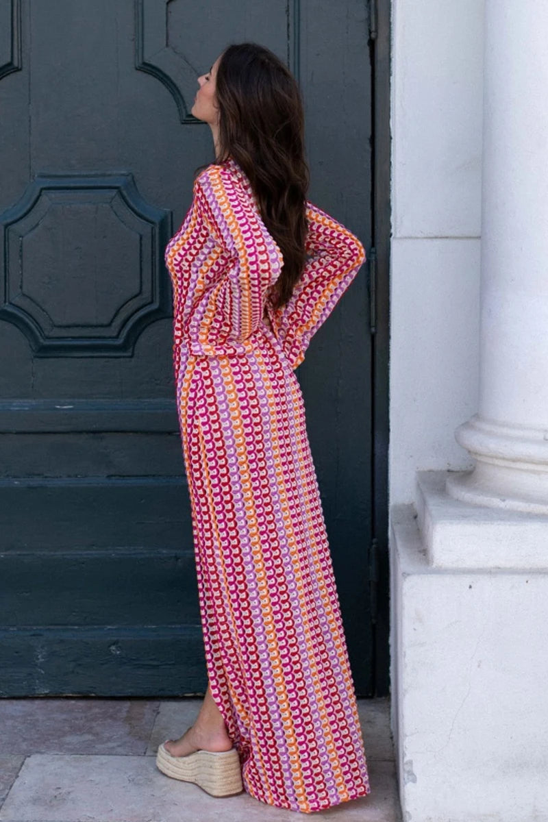 2024 Women Deep V Neck Casual Bohemian Maxi Dress Elegant Straight Flare Long Sleeve Vestidos  Sexy Beach Vacation Party Robe