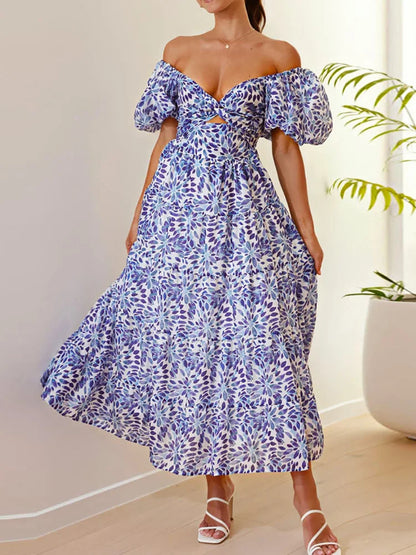 Cute Ladies Sundress Puff Sleeve Maxi Dress Elegant V Neck Backless Women Dress Summer Patchwork Sexy Hollow Out Beach Dresses