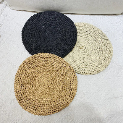 Summer Hat  Breathable Handmade Crochet Berets Caps for Women Fashion Mushroon Hat Black Straw Beret for Girl Bonnet