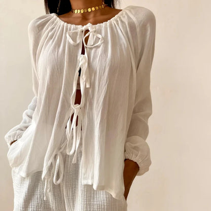 Loungewear 2 Piece Outfits Vintage Front Lacing Up Scoop Neck Long Sleeve Blouse Shirt Tops + Ruffled Shorts Women Pajama Set