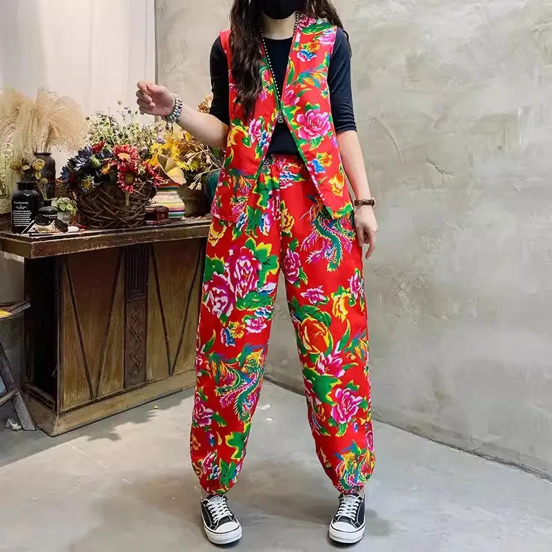 Mom's Set Trendy Ethnic Style Northeast Big Flower Clothing Peony Printed Fashion 2 Piece Large Size Vest And Pants Outfit Z4812