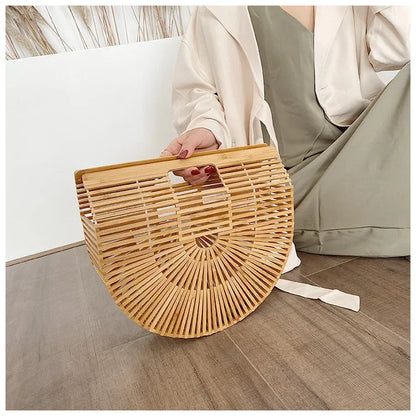 Women's Handmade Bamboo Basket Half-round Outdoor Beach Travel Handbag Fashion Designer Top-Handle Bags Retro Braided Bamboo Bag