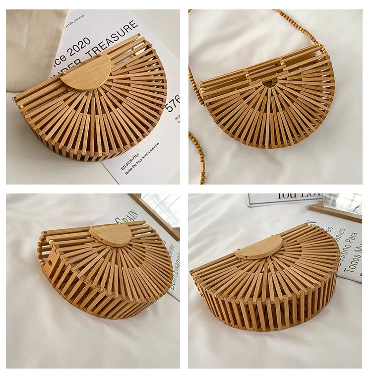 Fashion Half Moon Wooden Shoulder Crossbody Bags for Women Bamboo Woven Summer Beach Straw Bag Rattan Small Phone Purse Mini Sac