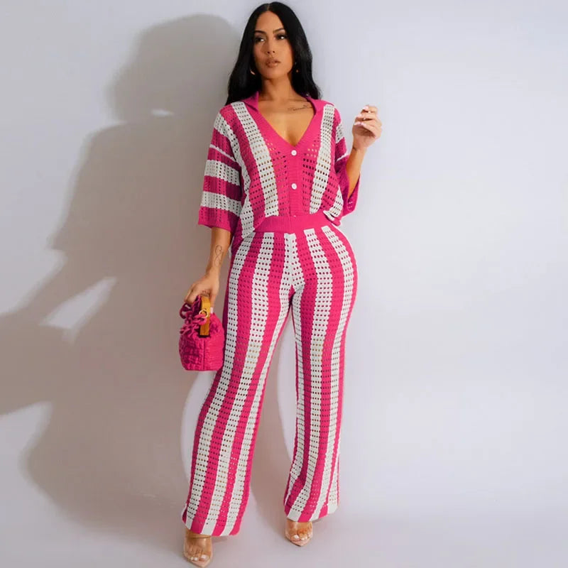 Striped Knitted Pants Set Women 2 Piece Outfit Elegant Hollow Out Button Up V-neck Top and Wide Leg Pants Matching Sets Birthday