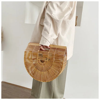 Women's Handmade Bamboo Basket Half-round Outdoor Beach Travel Handbag Fashion Designer Top-Handle Bags Retro Braided Bamboo Bag