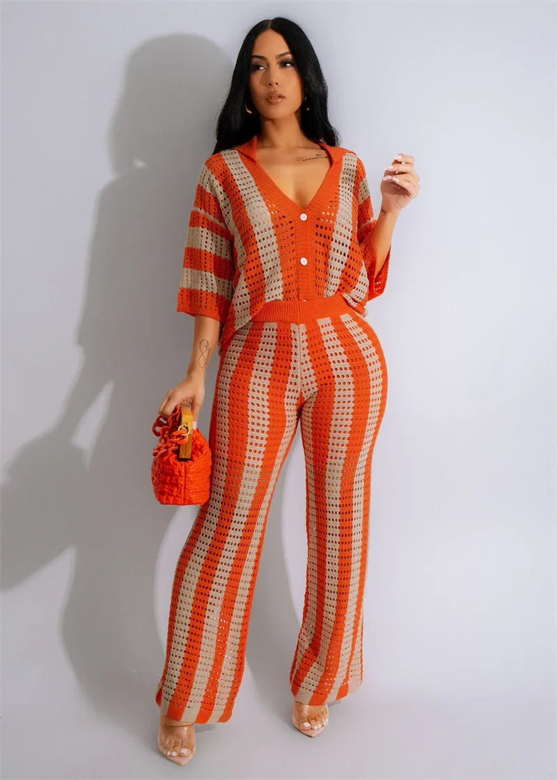 Striped Knitted Pants Set Women 2 Piece Outfit Elegant Hollow Out Button Up V-neck Top and Wide Leg Pants Matching Sets Birthday