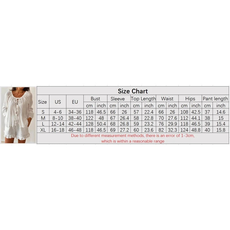 Loungewear 2 Piece Outfits Vintage Front Lacing Up Scoop Neck Long Sleeve Blouse Shirt Tops + Ruffled Shorts Women Pajama Set