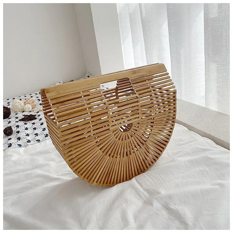 Women's Handmade Bamboo Basket Half-round Outdoor Beach Travel Handbag Fashion Designer Top-Handle Bags Retro Braided Bamboo Bag