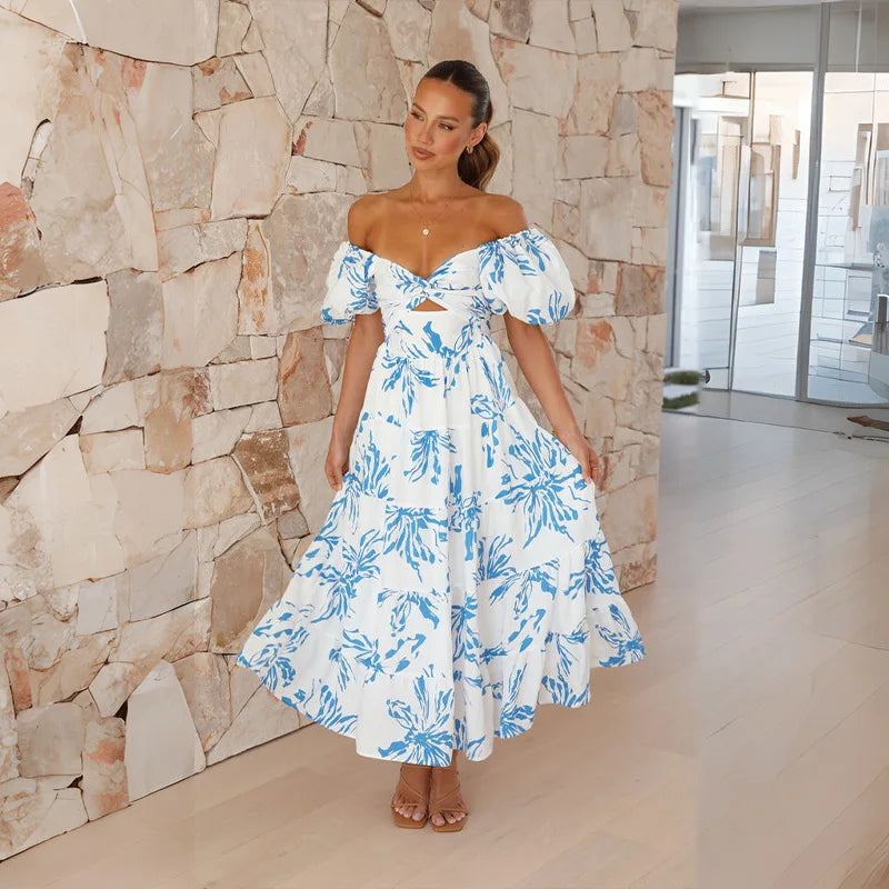 Printed Dress Women Summer Off Shoulder Backless Boho Beach Long Dresses Ladies Casual Party Holiday Maxi Dress A-Line Vestidos