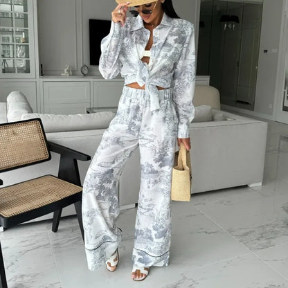 Elegant Women Ink Print Two Piece Pants Set Chic Y2K Tracksuit 2024 Sport Streetwear Outfits Loose Shirt Top Wide Leg Pants Suit