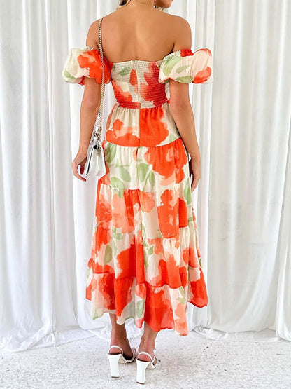 New Hollow Out Puff Sleeve Fashion Maxi Dress, Women Summer Patchwork Print Party Dress, V-Neck Beach Style Ruffles Ladies Dress