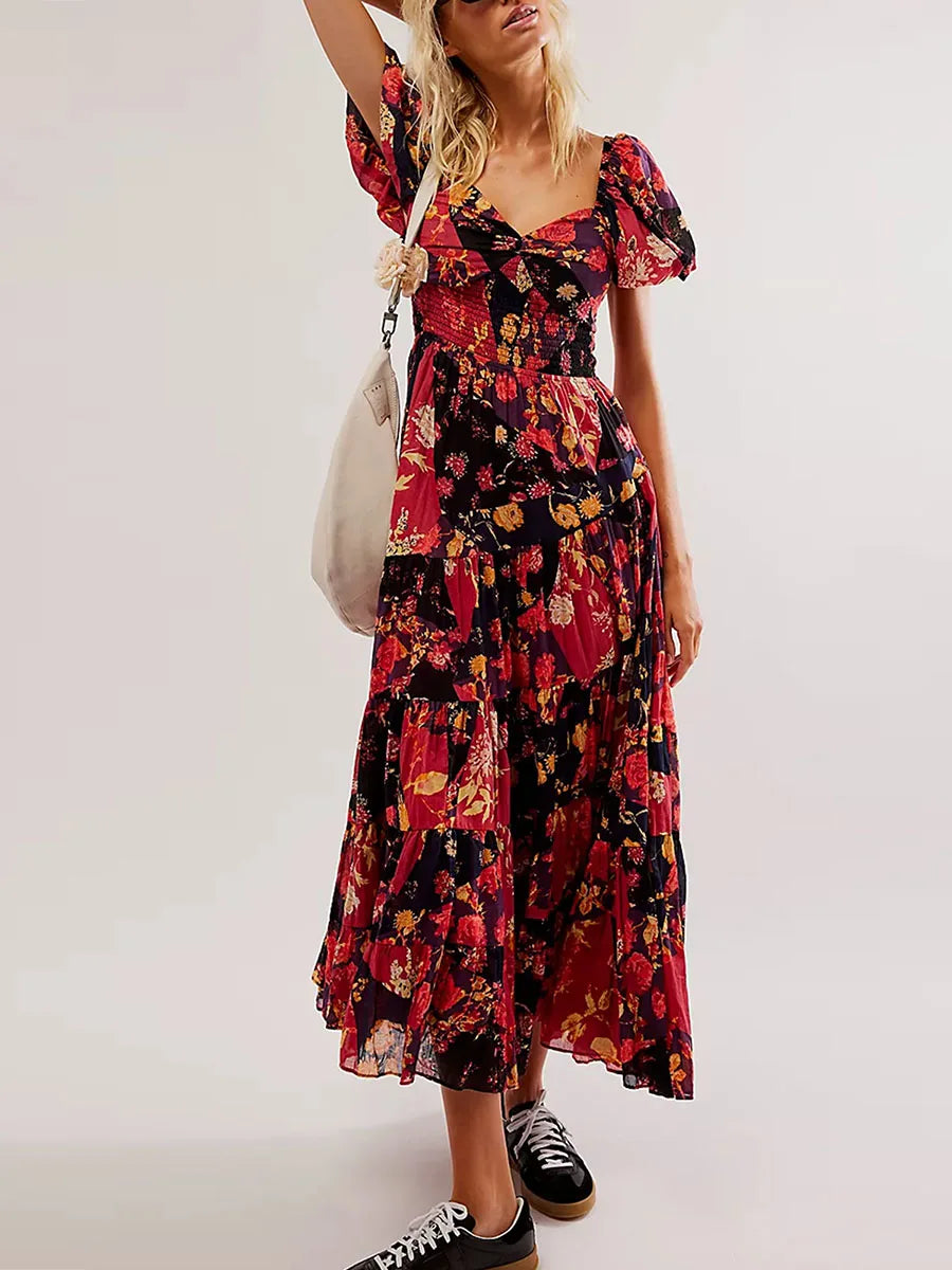 Women's Flower Print Boho Long Dress Puff Short Sleeve Sweetheart Neck Tunic Waist A-Line Flowy Dresses for Beach Vacation Party