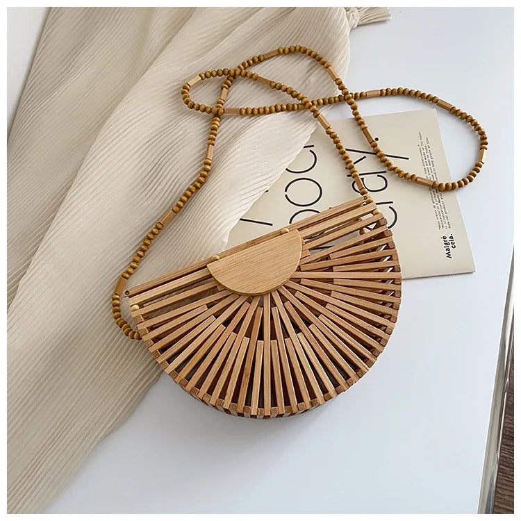 Fashion Half Moon Wooden Shoulder Crossbody Bags for Women Bamboo Woven Summer Beach Straw Bag Rattan Small Phone Purse Mini Sac