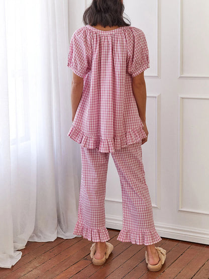 Women Y2k Plaid 2 Piece Pajama Set Tie Front Puff Sleeve Babydoll Shirt Gingham Pants Pj Lounge Set Sleepwear