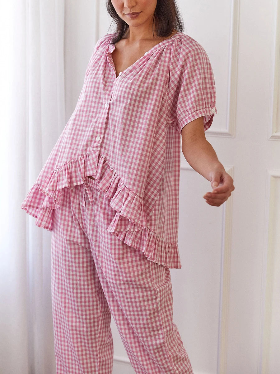 Women Y2k Plaid 2 Piece Pajama Set Tie Front Puff Sleeve Babydoll Shirt Gingham Pants Pj Lounge Set Sleepwear