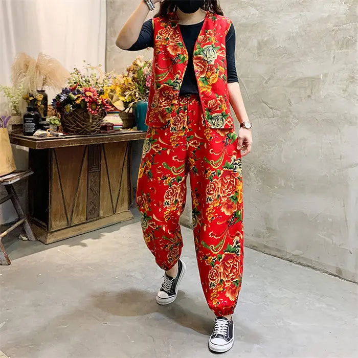 Mom's Set Trendy Ethnic Style Northeast Big Flower Clothing Peony Printed Fashion 2 Piece Large Size Vest And Pants Outfit Z4812