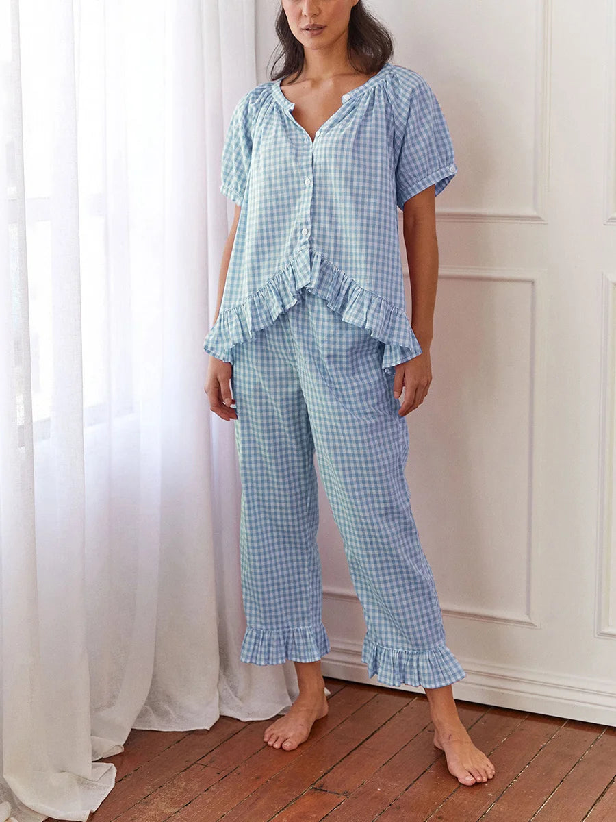 Women Y2k Plaid 2 Piece Pajama Set Tie Front Puff Sleeve Babydoll Shirt Gingham Pants Pj Lounge Set Sleepwear