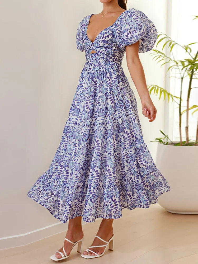 New Hollow Out Puff Sleeve Fashion Maxi Dress, Women Summer Patchwork Print Party Dress, V-Neck Beach Style Ruffles Ladies Dress