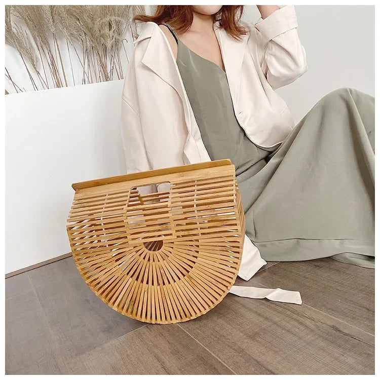 Women's Handmade Bamboo Basket Half-round Outdoor Beach Travel Handbag Fashion Designer Top-Handle Bags Retro Braided Bamboo Bag